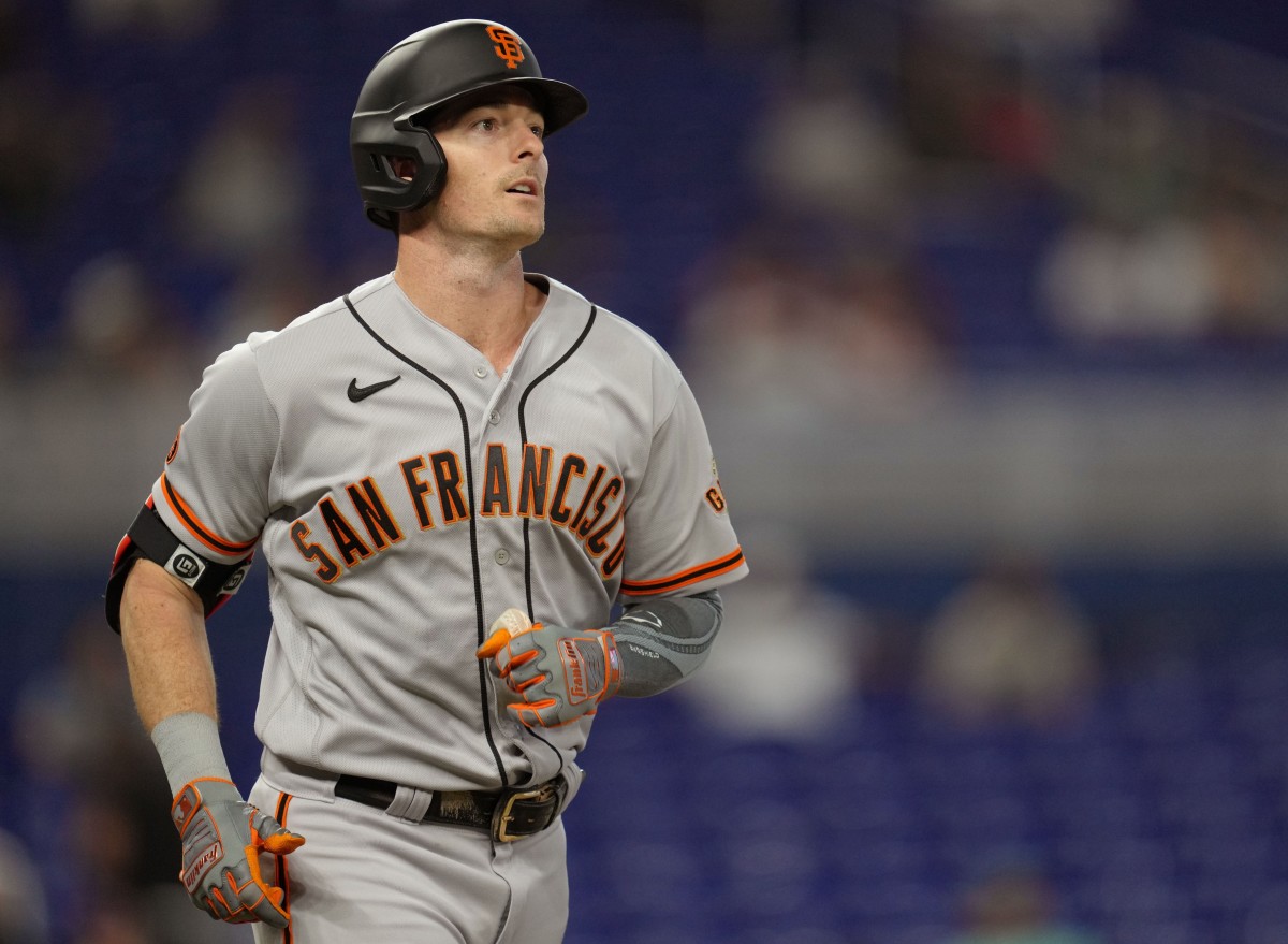 SF Giants outfielder Mike Yastrzemski (5) watches his two-run home run against the Miami Marlins (2023)